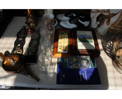A quantity of various sundry items to include Callaway golfing shoes; horse brasses; a brass case clock; a pair of bellows et