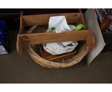 A basket containing a bag of china; cutlery tray; a pencil signed print depicting ladies playing tennis etc.