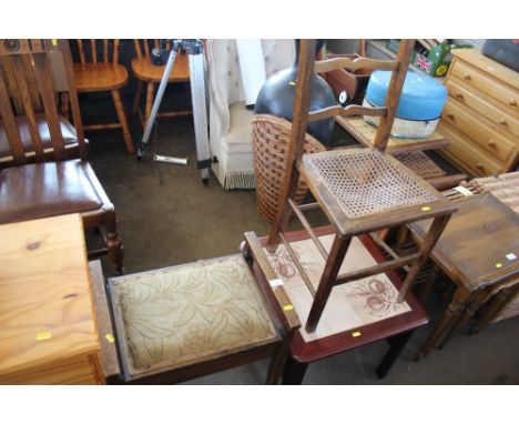 A tile top coffee table; cane seated ladder back chair and a piano stool 