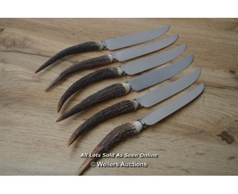 *SET 6 UNUSED STAG ANTLER HORN HANDLED STEAK KNIVES HARRISON FISHER SHEFFIELD [LQD215]