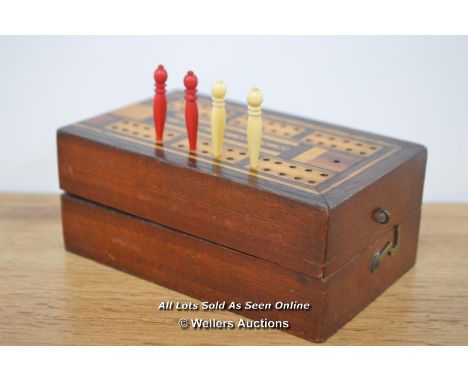 *INLAID MARQUETRY CRIBBAGE WOODEN BOX &amp; MARKER BOARD / 13 X 8 X 5CM [LQD215]