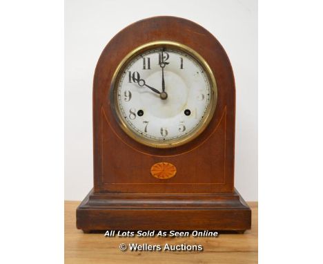 *19TH CENTURY VAN HAVEN MAHOGANY DOMED MANTEL CLOCK (WORKING). WITH ORIGINAL KEY [LQD215]