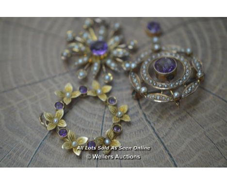 *THREE 15CT &amp; 9CT VICTORIAN / EDWARDIAN AMETHYST &amp; PEARL PENDANTS / BROOCHES [LQD215]