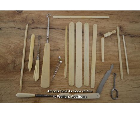 *COLLECTION OF BONE AND CELLULOID SEWING AND CROCHET TOOLS [LQD215]