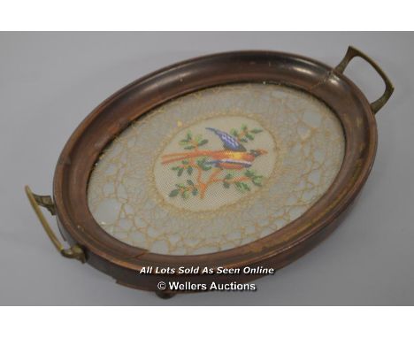 *VICTORIAN FRAMED BIRD NEEDLEPOINT CROSSSTITCH TAPESTRY SAMPLER 19THC GOLD WIRE  / FRAME DAMAGED  [LQD215]