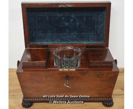 *WILLIAM IV SARCOPHAGUS TEA CADDY WITH MIXING BOWL &amp; KEY, CIRCA 1830 / 33 X 20 X 17CM [LQD215]