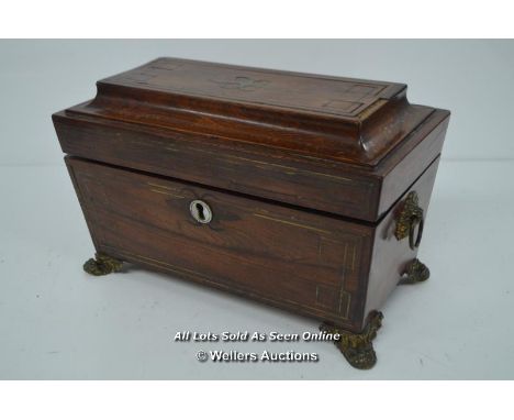*REGENCY ROSEWOOD SARCOPHAGUS SHAPE TEA CADDY WITH BRASS INLAY / WITHOUT KEY [LQD215]