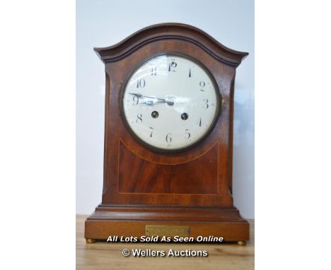*FRENCH CHIMING MANTLE CLOCK - INLAID MAHOGANY CASE - WBK ET FILS, PARIS  / WITHOUT KEY  [LQD215]