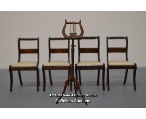 *HAND MADE AND SIGNED CLIFF BROWN 1:12 SCALE SHEET MUSIC STAND IN MAHOGANY / WITH FOUR 1:12 SCALE CHAIRS  [LQD215]