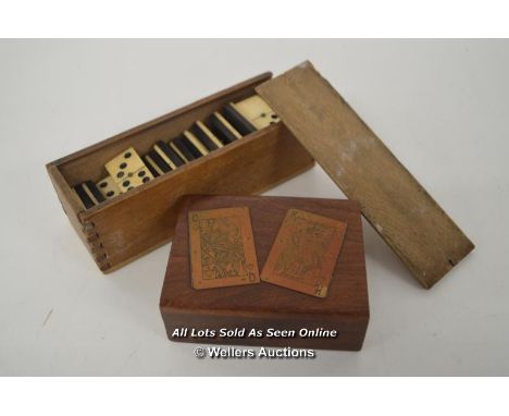*BONE &amp; EBONY DOMINOES 28 SET &amp; OAK PLAYING CARD CASE WITH CARD DECALS [LQD215]