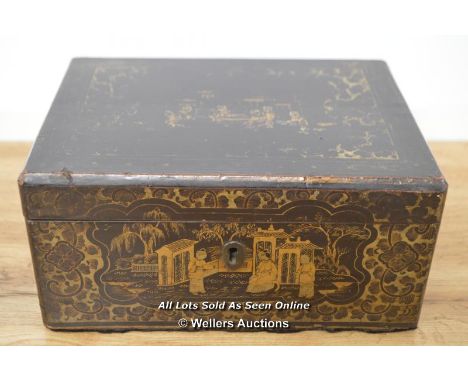 *CHINESE PAPIERMACHE TEA CADDY LACQUERED GILT LEAD LINING [LQD215]
