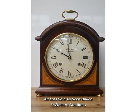 *SERVICED, COMITTI OF LONDON 8DAY HERMLE MAHOGANY INLAID BELL STRIKE MANTLE CLOCK [LQD215]