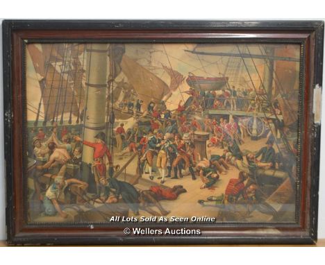 A 19TH CENTURY ANTIQUE COLOUR LITHOGRAPH PRINT ' BATTLE OF TRAFALGAR ; THE DEATH OF NELSON .' FRAMED AND GLAZED IN A WOODEN F
