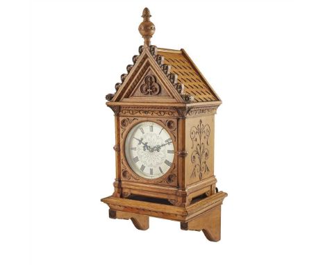 J. W. BENSON, LUDGATE HILL ENGLISH GOTHIC REVIVAL OAK BRACKET CLOCK, CIRCA 1880 with circular steel dial, the twin fusée move
