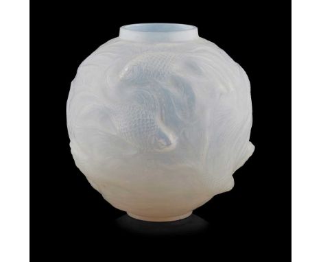 RENÉ LALIQUE (1860-1945) 'FORMOSE' OPALESCENT GLASS VASE, INTRODUCED 1924 of ovoid form, moulded with fish, wheel and script-