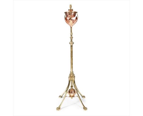 W.A.S. BENSON (1854-1924) BRASS AND COPPER EXTENDING STANDARD LAMP, CIRCA 1900 the knopped column support with applied leafy 