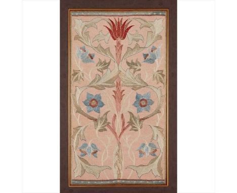 MORRIS &amp; CO., THE DESIGN ATTRIBUTED TO MAY MORRIS EMBROIDERED SILKWORK PANEL, CIRCA 1885 worked in coloured silks, with a