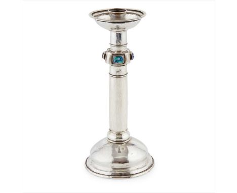 ENGLISH SCHOOL ARTS &amp; CRAFTS WHITE METAL AND ENAMEL ALTAR CANDLESTICK, CIRCA 1900 the hemispherical drip tray above a col