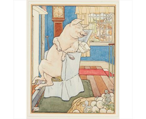 LEONARD LESLIE BROOKE (1862-1940) SET OF EIGHT ORIGINAL ILLUSTRATIONS FOR 'THE THREE LITTLE PIGS, watercolour and ink, signed