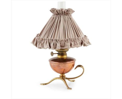 W.A.S. BENSON (1854-1924) ARTS &amp; CRAFTS BRASS AND COPPER OIL LAMP,&nbsp; CIRCA 1890 with tripod base and carrying handle,