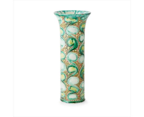 DELLA ROBBIA POTTERY, BIRKENHEAD TERRACOTTA SLEEVE VASE, DATED 1900 decorated by Liza Wilkins, with bands of stylised scrolli