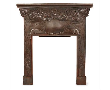 ENGLISH SCHOOL  ART NOUVEAU CAST IRON FIRE SURROUND, CIRCA 1910 cast with stylised leafy foliage, mantel shelf lacking (Dimen