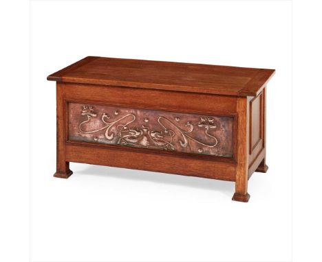 ENGLISH SCHOOL ARTS &amp; CRAFTS OAK COFFER, CIRCA 1900 with lidded top above three panelled sides, the front with inset repo