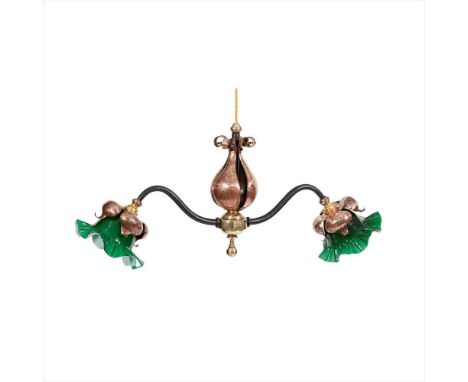 ENGLISH SCHOOL ARTS &amp; CRAFTS COPPER AND WROUGHT IRON CEILING LIGHT, CIRCA 1900 with hammered mounts and associated cased 