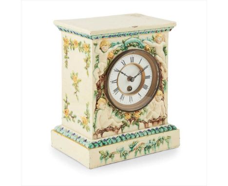 APHRA PEIRCE FOR DELLA ROBBIA POTTERY, BIRKENHEAD RARE TERRACOTTA MANTEL CLOCK, CIRCA 1903 the circular dial with single trai