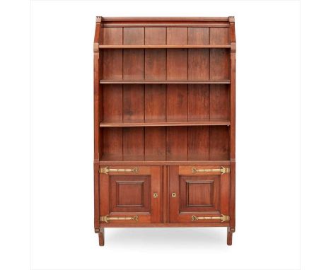 ENGLISH SCHOOL GOTHIC REVIVAL WALNUT WALL SHELF, CIRCA 1880 the single shelf above two further adjustable shelves, above two 
