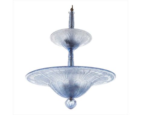 DAUM FRERES ART DECO ETCHED BLUE GLASS CEILING LIGHT, CIRCA 1930 with two graduated shades supported on a turned column with 