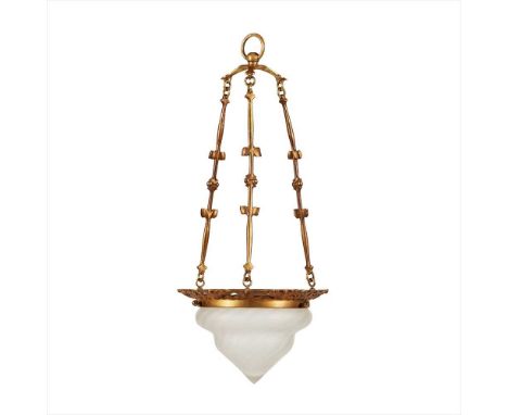 W. A. S. BENSON (1854-1924) ARTS &amp; CRAFTS BRASS AND FROSTED GLASS PENDANT CEILING LIGHT, CIRCA 1910 with frosted tapering
