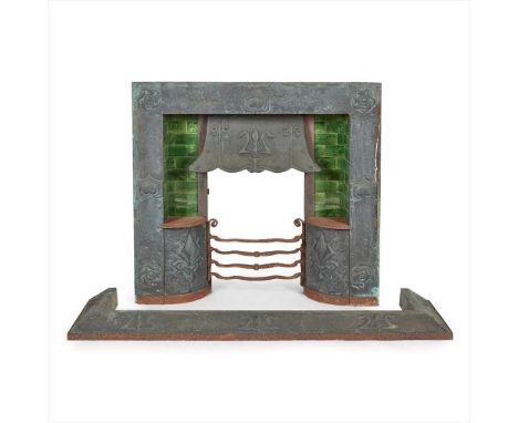 ENGLISH SCHOOL ARTS &amp; CRAFTS PATINATED COPPER FIRE SURROUND, CIRCA 1900 the frame and hood repoussé-decorated with heart 