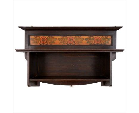 SHAPLAND &amp; PETTER, BARNSTAPLE ARTS &amp; CRAFTS STAINED OAK HANGING SHELF, CIRCA 1900 the projecting cornice above a sten