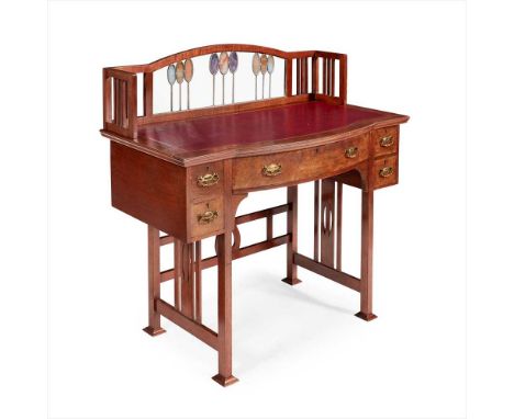 SHAPLAND &amp; PETTER, BARNSTAPLE MAHOGANY FRAMED WRITING DESK, CIRCA 1900 the spindle-filled upstand with central stained an