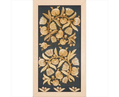 ENGLISH SCHOOL ARTS &amp; CRAFTS EMBROIDERED PANEL, CIRCA 1900 worked in gold and coloured silks on a black ribbed cotton gro