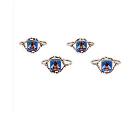 ATTRIBUTED TO C.R. ASHBEE FOR THE GUILD OF HANDICRAFT LTD, CASED SET OF FOUR WHITE METAL AND ENAMEL the square enamels depict