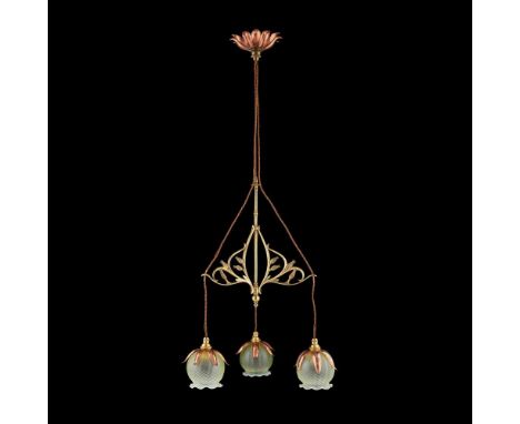 W. A. S. BENSON (1854-1924)  ARTS &amp; CRAFTS BRASS AND COPPER CEILING LIGHT, CIRCA 1900 model 1093, the embossed ceiling ro