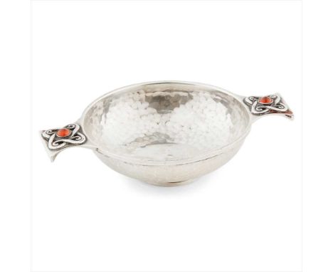 SIBYL DUNLOP (1889-1968) ARTS &amp; CRAFTS SILVER QUAICH, LONDON 1923 with hammered finish, the circular bowl with twin handl