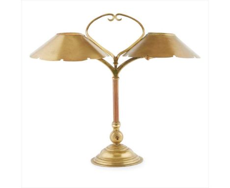 W.A.S. BENSON (1854-1924)  ARTS &amp; CRAFTS BRASS AND COPPER TABLE LAMP, CIRCA 1900 the central reeded column support with t