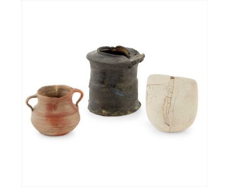 § JANET LEACH (1918-1997) TWIN-HANDLED VESSEL, 20TH CENTURY impressed artist's seal marks, 7cm high; and a PETER HAYES BOW VE