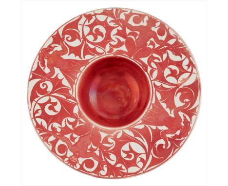 WILLIAM DE MORGAN (1839-1917) ARTS &amp; CRAFTS RUBY LUSTRE DISH, CIRCA 1890 decorated with border frieze of grotesques, disp