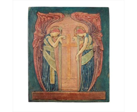COMPTON POTTERS’ ART GUILD POTTERY PLAQUE OF ANGELS, CIRCA 1920 painted in tempera, impressed seal mark (Dimensions: 17cm x 1