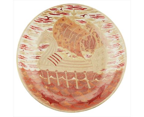 CHARLES PASSENGER FOR WILLIAM DE MORGAN (1839-1917) ARTS &amp; CRAFTS LUSTRE DISH, CIRCA 1890 decorated with a Viking ship in