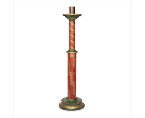 ENGLISH SCHOOL LARGE GOTHIC REVIVAL POLYCHROME AND GILTWOOD ALTAR CANDLESTICK, EARLY 20TH CENTURY the brass sconce above circ