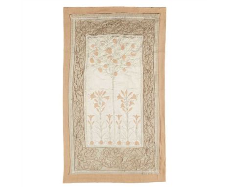ENGLISH SCHOOL ARTS &amp; CRAFTS EMBROIDERED WOOLWORK AND APPLIQUÉ&nbsp;PANEL, CIRCA 1900 the central panel worked as a fruit