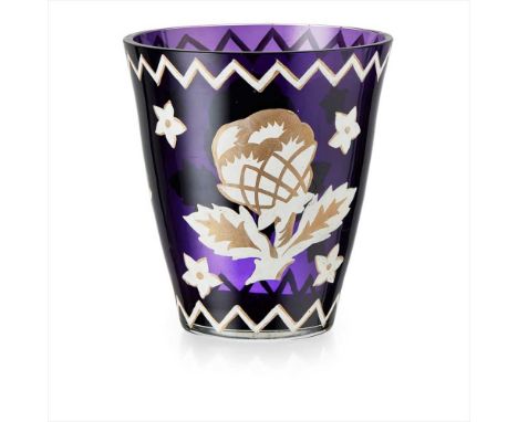 ATTRIBUTED TO WIENER WERKSTÄTTE AMETHYST GLASS VASE, CIRCA 1917 painted in white and gilt with floral sprigs within zig-zag b