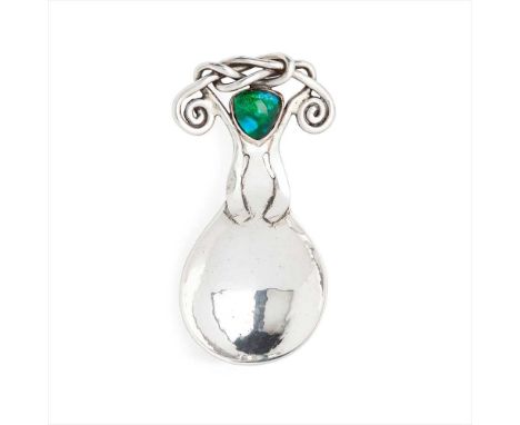 OMAR RAMSDEN (1873–1939) AND ALWYN CARR (1872-1940) ARTS &amp; CRAFTS SILVER &amp; ENAMEL CADDY SPOON, the planished bowl wit
