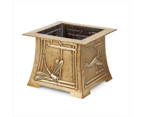 SCOTTISH SCHOOL AESTHETIC STYLE ARTS &amp; CRAFTS BRASS JARDINIÈRE, CIRCA 1890 of square tapered form with broad rim, above p