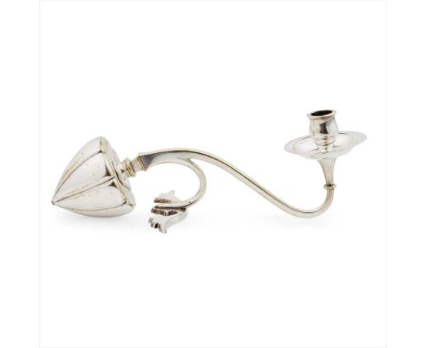 W.A.S. BENSON (1854-1924) SILVERED BRASS COUNTERWEIGHTED CANDLESTICK, CIRCA 1890 the baluster nozzle and wide drip tray on a 